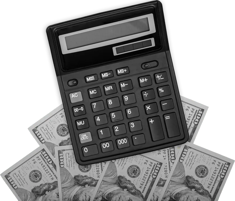 Home 9 011 calculator laptop and dollar bills on colored back GBGGL83